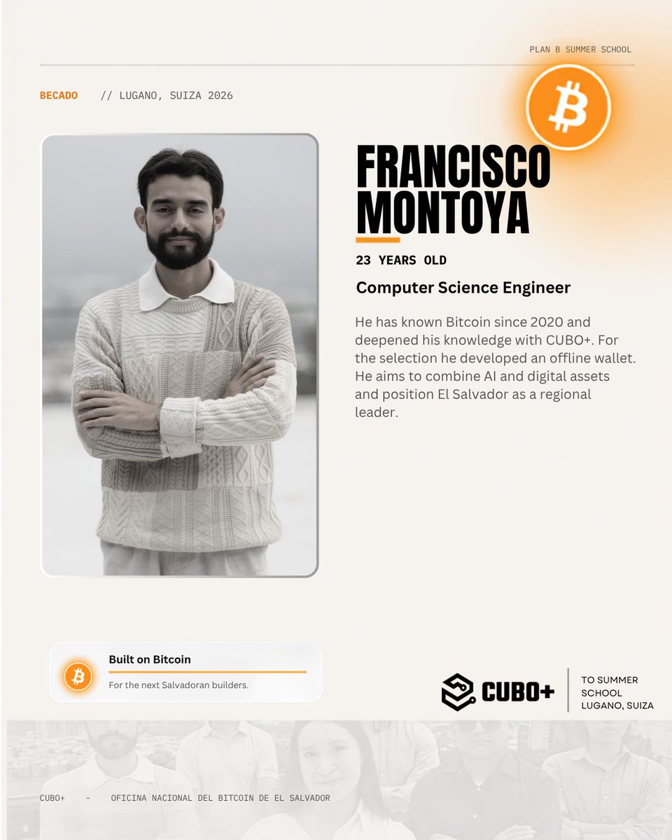 cuboplus's tweet photo. Karen, Ricardo, Francisco and Leslie earned scholarships to continue their Bitcoin journey at Plan B Summer School in Lugano.

Their stories show what happens when local talent gets access to world class education, real challenges and a community that expects more.

El Salvador is not just participating in Bitcoin education. It is sending builders into the world.