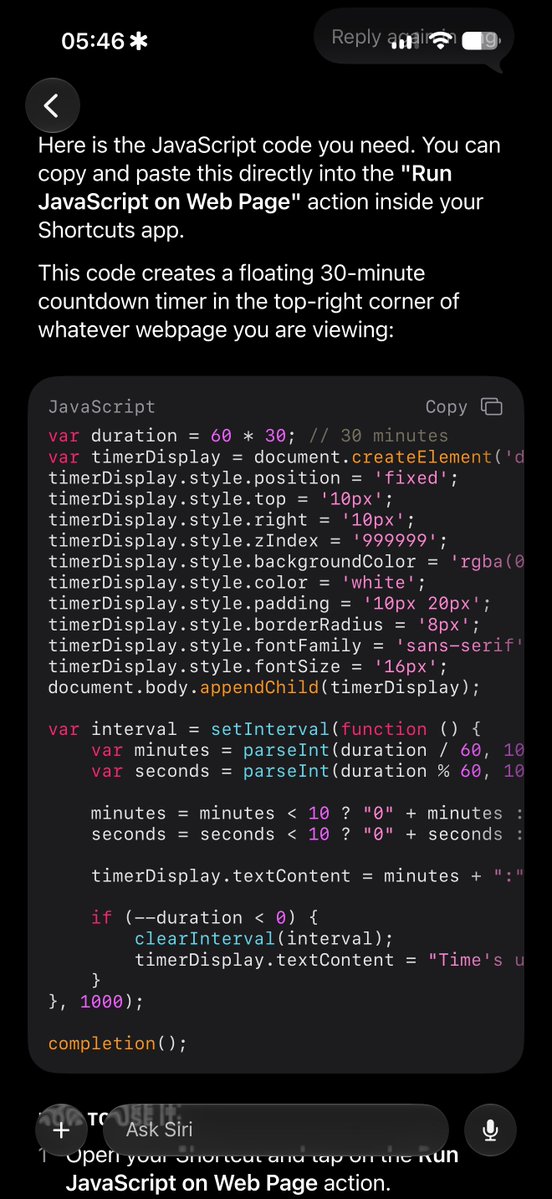 jaythroughh's tweet photo. Just found out that the new Siri AI can even “write a JavaScript”
This is iOS 27 dev beta 1, so it’s just the beginning and has a long way to go. (Hope so 😅)
#ios27 #newsiri #apple #siriai #iosbeta #ios27beta https://t.co/1kWjYIPSd8