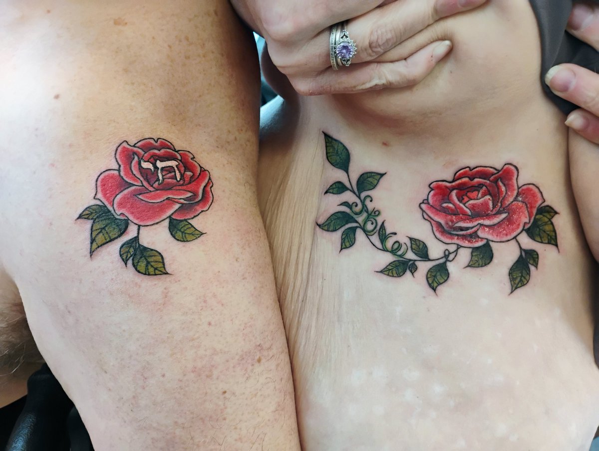 MichaelAlpha19's tweet photo. My wife and I got couples tattoos today. We met online actually, in a MS support group. She said she was having a bad day and I sent her a picture of a rose I had grown. I made a trip up to what would be my new home. The white Chai is a symbol of a peaceful life. https://t.co/BT6nDUkycz