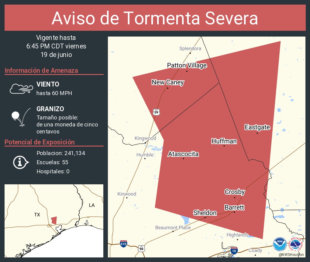 NWSHouston's tweet photo. Aviso de Tormenta Severa incluye Atascocita TX, Barrett TX, Crosby TX hasta las 6:45 PM CDT https://t.co/DX1aaychdZ
