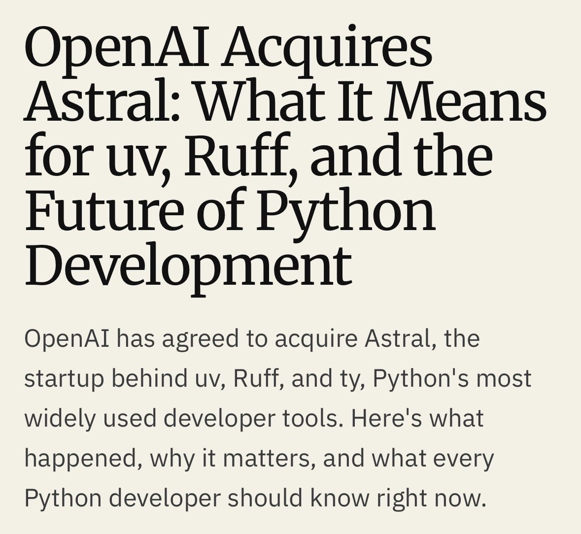 BasiliskPython's tweet photo. 突发消息：OpenAI 收购 Astral
ruff 是 Basilisk 的一个基础依赖。我们坚持开源许可——若 OpenAI 今后将 ruff 的新版本闭源，这可能带来重大影响。（现有的 MIT 版本永远开源，我们也可据此 fork。） https://t.co/gIGzLQmaxi