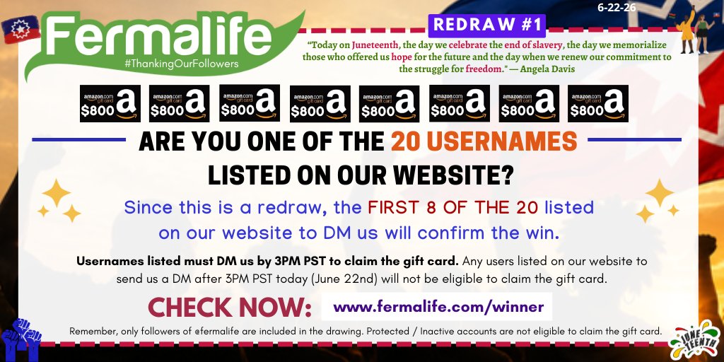 fermalife's tweet photo. 📢✊It's 11 AM PST! It's time to check if you are 1 of the 20 followers listed on our website for REDRAW#1. The first 8 of the 20 from the list to DM us will confirm the #win of a $800 #AmazonGiftCard 🎉 CHECK NOW: https://t.co/2QOZDAnAum  #ThankingOurFollowers✨ https://t.co/YHpoB4EYOH