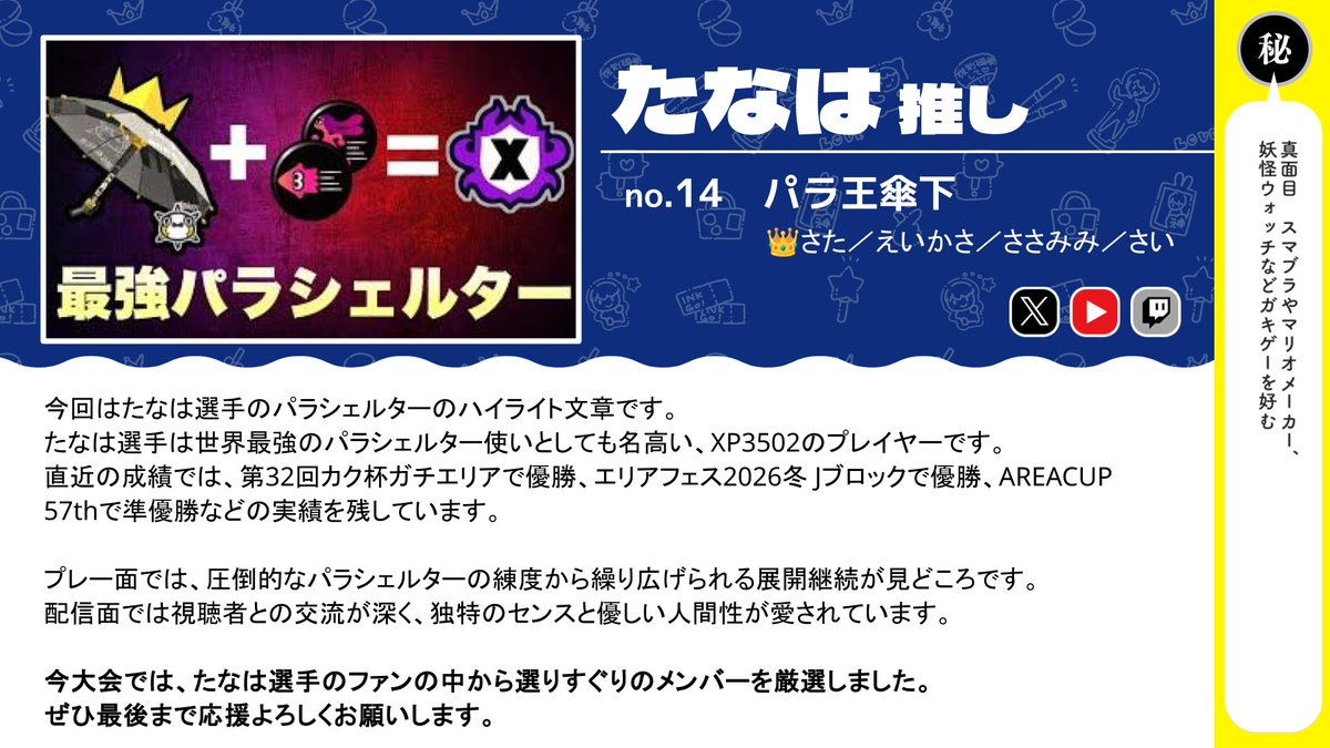 ln_d78's tweet photo. 本日20時から第二回オタク杯出ます!
パラ王傘下:俺 えいかさ ささみみ さいばいまん
多分ささみみが配信してくれるから応援よろしく! https://t.co/1A76LY3JTB