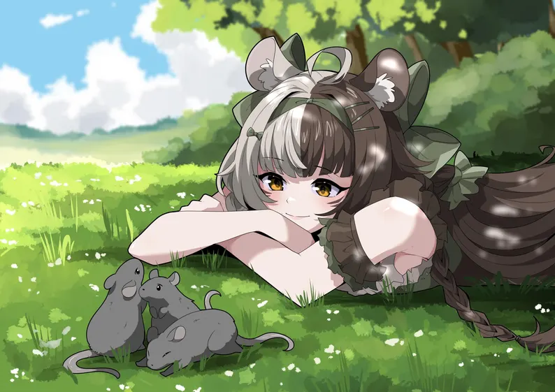 Nickijets's tweet photo. Hidden in a sun drenched meadow the gentle mouse guardian shares a quiet, warm morning with her tiny woodland friends whispering secrets only the grass can hear. This peaceful slice of life is captured  

#Anime 
#MouseGirl 
#FantasyArt 
#Cozy https://t.co/KCZV2Hf3eb