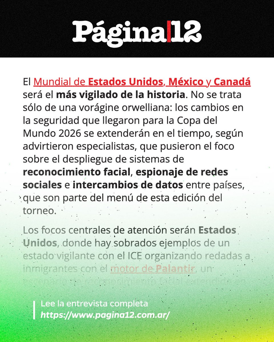 R3Dmx's tweet photo. En el contexto del Mundial, se están desplegando herramientas como NEXUS para tareas de seguridad, que permiten identificar personas y vehículos a partir de fotografías.

Sin información suficiente sobre su funcionamiento o controles, la pregunta es: ¿qué capacidades de vigilancia se activan y cuáles permanecerán tras el evento deportivo?