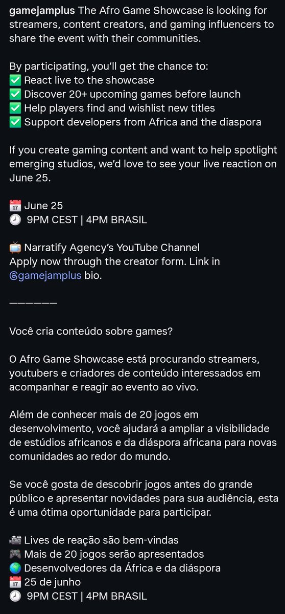 Flea_Sys's tweet photo. Vai ter um evento chamado "Afro Game Showcase" que está procurando streamers pra cobrir o evento. 

Vi no Instagram achei que poderia ser interessante! O link é muito grande pra colocar aqui, então quem quiser se inscrever vai lá! 
@gamejamplus 

https://t.co/5PdAa8WA4X https://t.co/yXUwS4NCNp