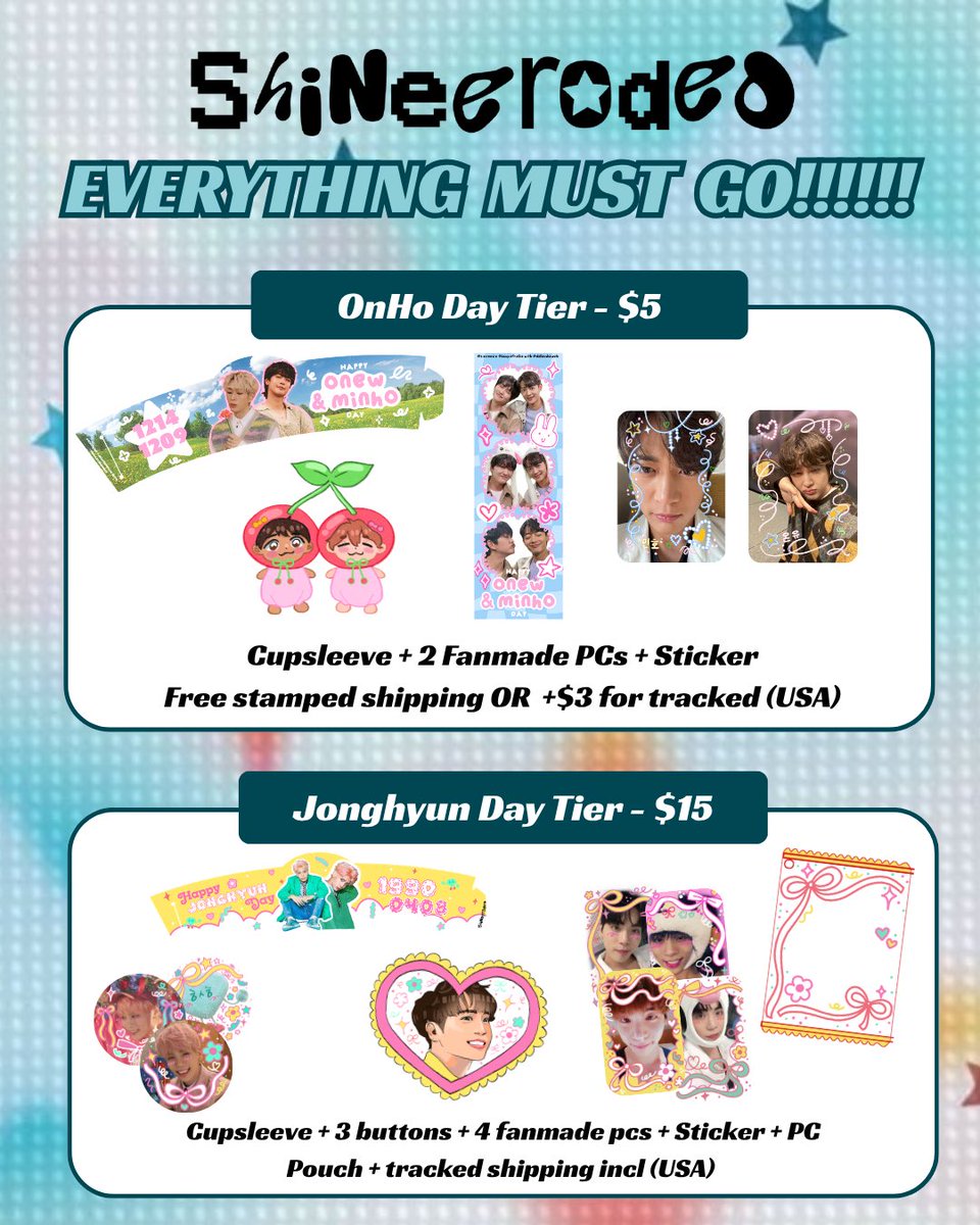 livelaughshinee's tweet photo. JJONG DAY + EXTRAS discounted pricing o_o  

for those outside of the usa, we can send flat items stamped for $5 (so everything but the buttons), but tracked shipping can possibly be $10+! 

pls dm me for any questions!!! https://t.co/YFLCPENUve