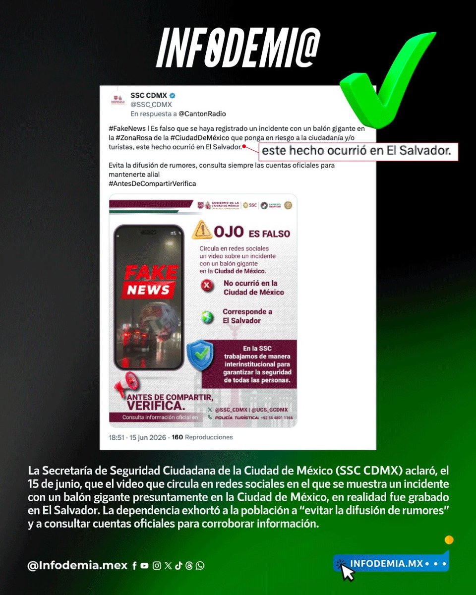 infodemiaMex's tweet photo. ❌Falso que se haya registrado un incidente con un balón gigante en la Ciudad de México 

✅La Secretaría de Seguridad Ciudadana de la Ciudad de México (@SSC_CDMX) aclaró, el 15 de junio, que el video que circula en redes sociales en el que se muestra un incidente con un balón gigante presuntamente en la Ciudad de México, en realidad fue grabado en El Salvador. La dependencia exhortó a la población a “evitar la difusión de rumores” y a consultar cuentas oficiales para corroborar información.

▶️Desmentido: https://t.co/noG26kCMuy