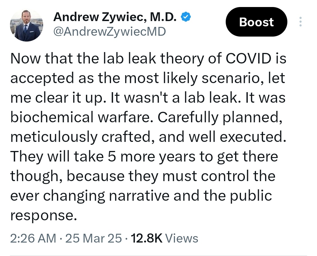 AndrewZywiecMD's tweet photo. I told you exactly how the lab leak hypothesis would play out long ago. https://t.co/iqRVbf1lbA