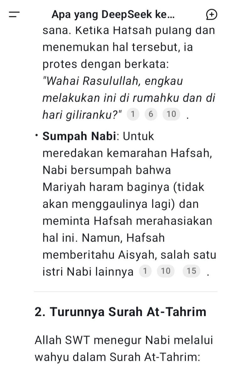 Sentjoko's tweet photo. Pada suatu hari Qathem (قثم) mengunjungi rumah salah satu istrinya, Hafsah putri Umar, disana didapati Babu (hadiah dari Raja Mesir, Muqawqis) bernama Mariyya begitu menggoda organ vital di bawah pusernya. Lalu ia berkata ke Hafsah bahwa ayahnya, Umar memanggilnya. Setelah Hafsah pergi, ia menyetubuhi Mariyya. Hafsah yang mengetahui ayahnya, Umar, tak memanggilnya, bergegas pulang dan memergoki adegan persetubuhan. Karena kemarahan Hafsah, ia terpaksa bersumpah tak akan menyetubuhi Mariyya lagi. Tapi apa daya, organ vital di bawah pusar memohon-mohon minta tambah jatah, akibatnya dikarang ayat pembatalan sumpah.