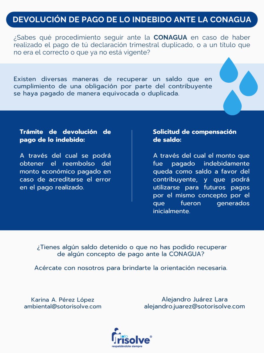 Sotorisolve's tweet photo. 💧 ¿Realizaste un pago duplicado o incorrecto ante la CONAGUA? Existen mecanismos para solicitar la devolución del pago de lo indebido o la compensación del saldo a favor. Conoce las opciones disponibles y evita perder recursos. 📑 https://t.co/K8K2vBMYJj