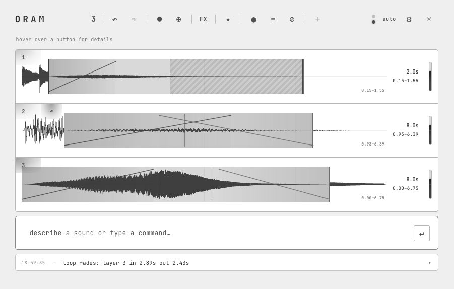 sonic_field's tweet photo. ORAM v0.3 is out ✿

New additions:
- loop zone variations powered by @stableaudio inpainting
- proper master recorder
- fade in / fade out
- undo / redo
- per-layer reverse playback
- nuke now actually nukes everything
 - quieter, quicker, prettier FX palette
- smoother GUI https://t.co/z8FEmkJiTf