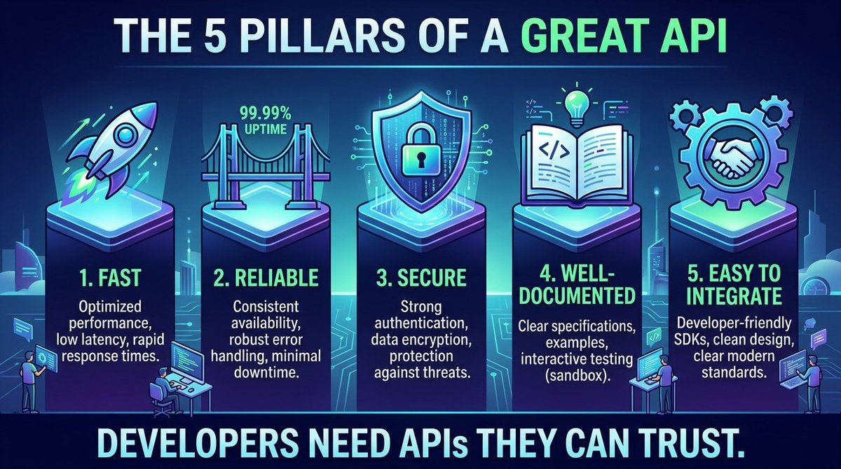 apikeyhere's tweet photo. What makes a great API? 🔑

✅ Fast
✅ Reliable
✅ Secure
✅ Well-documented
✅ Easy to integrate

Developers don't just need APIs.
They need APIs they can trust.

#API #Developer #Programming #APIT $APIT https://t.co/JBvKRqukKg