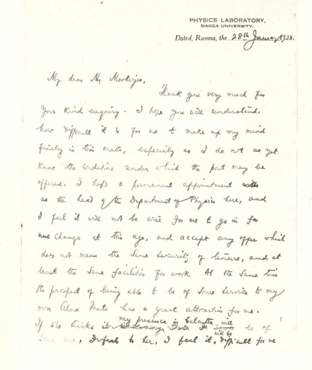 Fintech03's tweet photo. This letter is a beautiful piece of modern Indian scientific history. It captures a moment of deep negotiation, personal humility & institutional building involving 1 of India’s greatest minds: Satyendra Nath Bose.

The recipient of this letter is Sir Syama Prasad Mookerjee, who in 1938 was serving as the Vice-Chancellor of Calcutta University. Syama Prasad was actively trying to poach the absolute best Indian scientific minds from across the country to bring them back to their Alma Mater in Calcutta. He had written to S.N. Bose, who was then making waves at Dacca University, offering him a prestigious position under the Palit Trust (Palit Professorship of Physics).

What makes this letter beautiful is how it balances profound emotional devotion with absolute, unvarnished pragmatism. Bose admits that the call of his Alma Mater is almost impossible to resist. But then, he negotiates like a true realist.

He asks for a permanent tenure, matching pay & an additional house allowance of ₹150, dryly noting: "I fear Calcutta will be a very much more expensive place to live in than Dacca."

Even the geniuses who redefined the fundamental laws of quantum physics had to calculate the cost-of-living index before switching jobs!🙏🙏