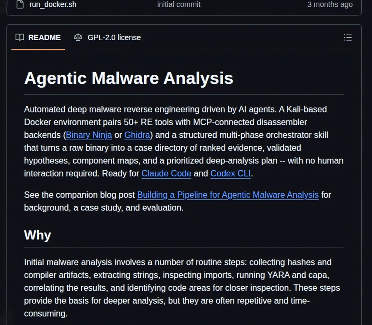 VivekIntel's tweet photo. 🦠 Agentic Malware Analysis: AI-Powered Automated Malware Reverse Engineering

A powerful framework that combines AI agents, Binary Ninja/Ghidra, MCP integration, and 50+ reverse engineering tools to automate malware analysis workflows.

Features:
✅ Automated Malware Triage
✅ YARA & CAPA Analysis
✅ Binary Ninja / Ghidra Integration
✅ Evidence-Based Hypothesis Generation
✅ Component & Behavior Mapping
✅ IOC Extraction
✅ Deep Analysis Planning
✅ PE, ELF & Mach-O Support

Instead of manually stitching together dozens of tools, the framework builds a structured case directory containing findings, hypotheses, artifacts, and prioritized investigation paths.

🔗 https://t.co/pT5q2PV0f6

#MalwareAnalysis #ReverseEngineering #ThreatIntelligence #CyberSecurity #DFIR #ThreatHunting #MalwareResearch #InfoSec #OpenSource #GitHub