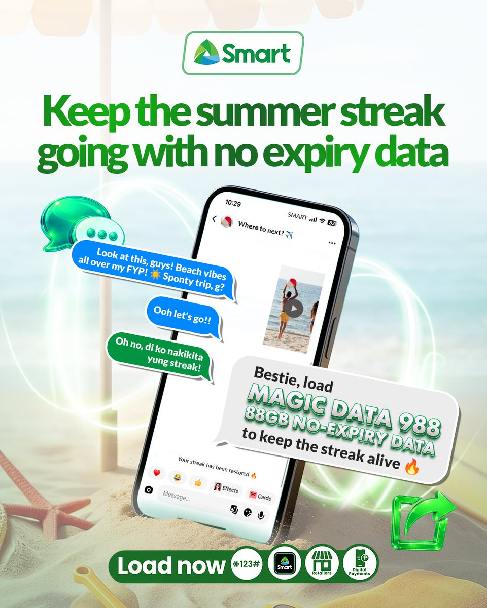 LiveSmart's tweet photo. Bestie, don't lose the streak. 👀🔥

Keep the summer vibes going with Smart Magic Data 988. Get 88GB of no-expiry data so you can stay connected, share every moment, and make it last wherever you are!

Load now: https://t.co/F947dSq3fQ https://t.co/UiV2NQIOzH
