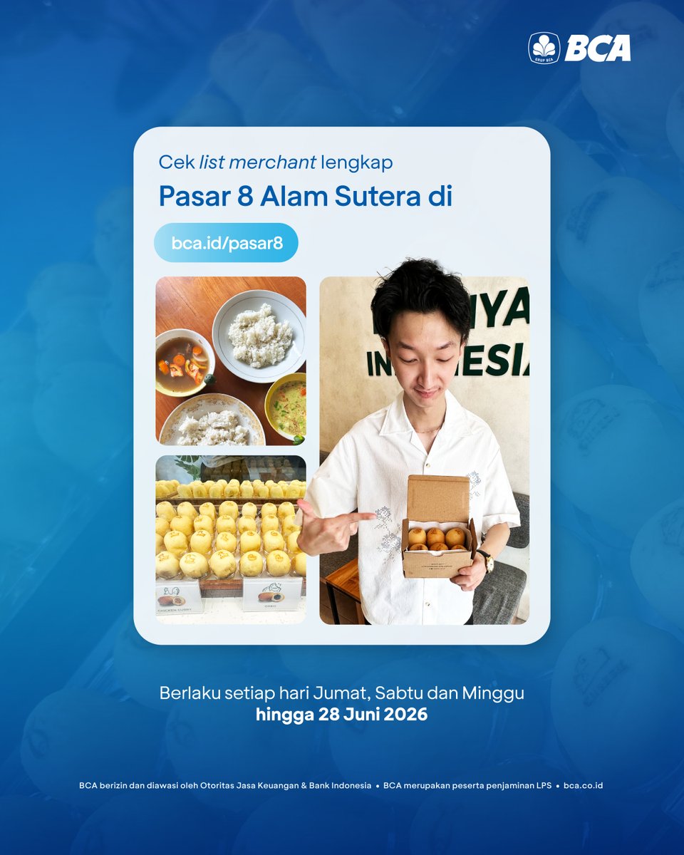 GoodLifeBCA's tweet photo. Jajan sampe kenyang di Tangerang!

Karena ada promo spesial jajan bareng myBCA dan dapatkan instant cashback Rp20 ribu. Download dan aktivasi myBCA dulu buat claim promonya ya!

List tenant dan info lebih lanjut bisa cek di link tertera ya! https://t.co/RfZkveHudR