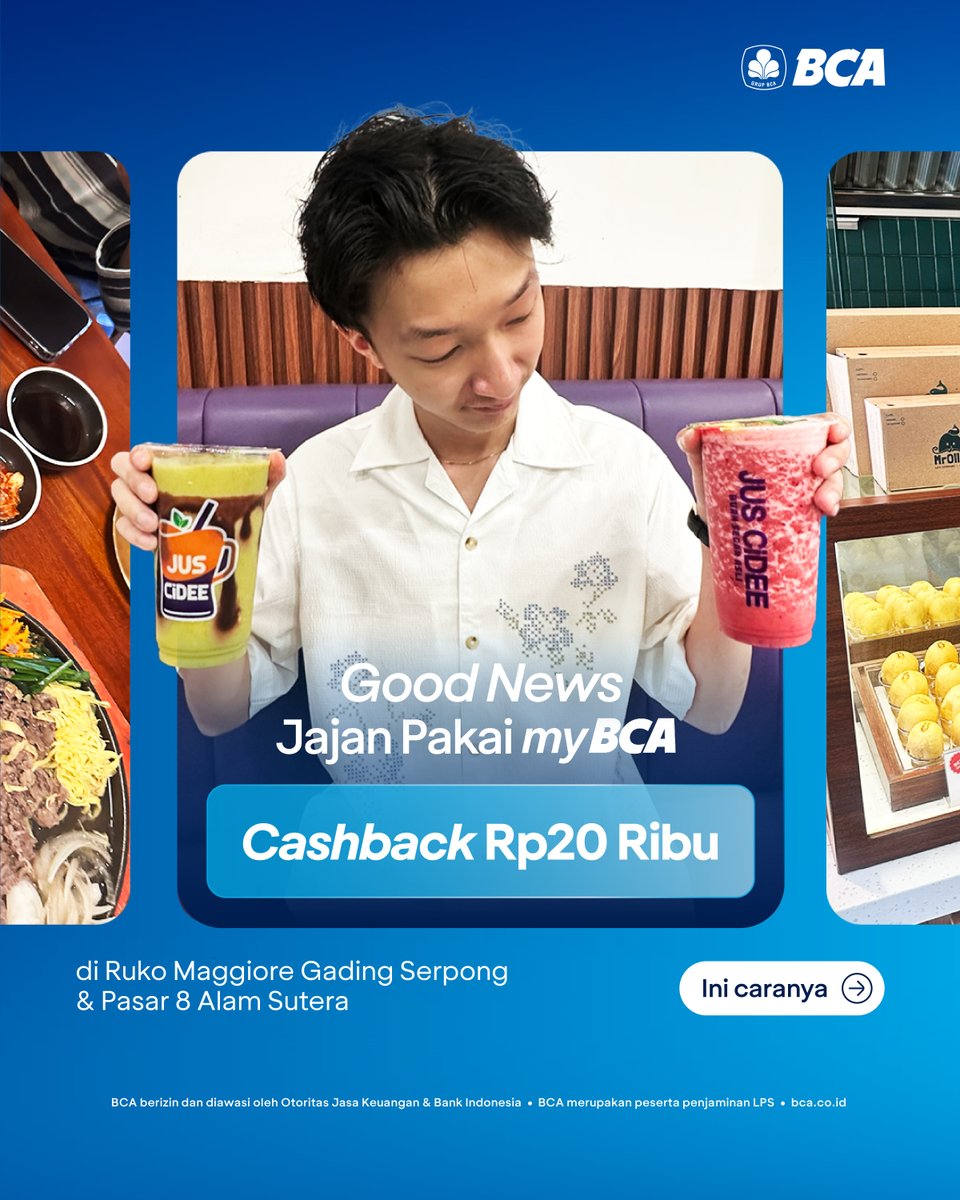 GoodLifeBCA's tweet photo. Jajan sampe kenyang di Tangerang!

Karena ada promo spesial jajan bareng myBCA dan dapatkan instant cashback Rp20 ribu. Download dan aktivasi myBCA dulu buat claim promonya ya!

List tenant dan info lebih lanjut bisa cek di link tertera ya! https://t.co/RfZkveHudR