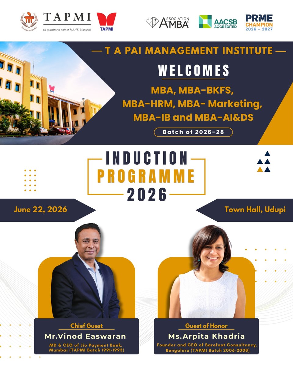 MyTAPMI's tweet photo. We are honoured to welcome our esteemed Chief Guest, Mr. Vinod Easwaran, along with our Guest of Honour, Ms. Arpita Khadria.

📍 Venue: Town Hall, Udupi
📅 Date: 22 June 2026

Watch live on YouTube: https://t.co/p8BRwh1AEp

#MyTAPMI #InductionProgramme #NewBeginnings #NewJourney https://t.co/ejeJRHAw2u