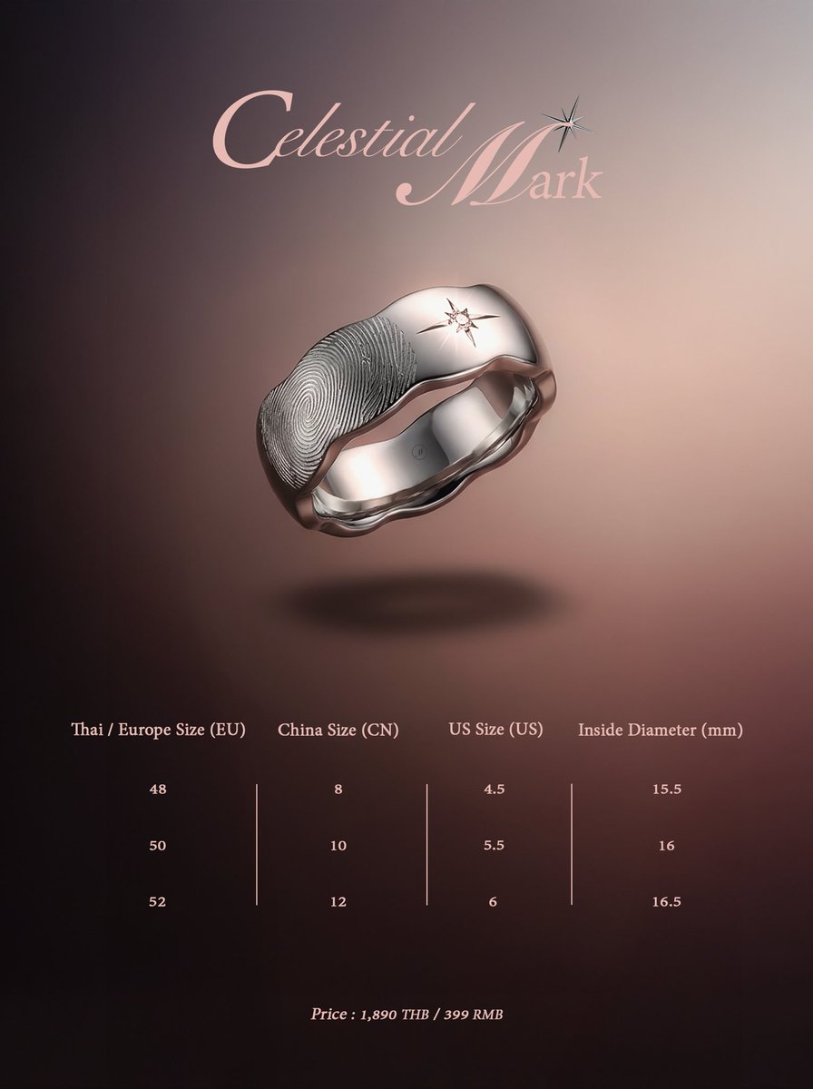 MSiwatofficial's tweet photo. Pre order Limited Item !!

✨Exclusive Item ชิ้นนี้ถูกออกแบบมาในคอนเซป Celestial Mark ที่ตั้งใจสื่อความหมาย ให้ “Mark Siwat” เปรียบเหมือนดวงดาว ที่ส่องแสงและทิ้งรอยประทับไว้ในใจตลอดไป ไม่มีวันลบเลือนได้ 
This exclusive piece is designed with the "Celestial Mark" concept, intended to convey that Mark is not just a name, but also symbolizes a profound mark shared uniquely between him and his fans — shining brightly, never fading. 

✨จุดเริ่มต้นของแหวนวงนี้ เกิดจากความตั้งใจของมาร์คที่อยากทำเครื่องประดับสักชิ้นให้แฟนๆได้ใส่ติดตัว เลยเลือกที่จะสลักลายนิ้วมือของมาร์คไว้ในแหวนทุกวง เพราะลายนิ้วมือของทุกคนบนโลกไม่เหมือนกันเลยสักคน เลยอยากให้มันเป็นตัวแทนของมาร์ค เวลาแฟนคลับใส่แหวนแล้วมองลงมา ก็อยากให้รู้สึกว่ามีมาร์คอยู่ข้างๆ เสมอ 🤍
The origin of this ring came from Mark's desire to create a piece of jewelry that fans could wear with them. That's why he chose to have his fingerprint engraved on every single ring. Since no two fingerprints in the world are alike, he wanted it to represent Mark himself — so that whenever fans look down at the ring, they'll feel like Mark is always by their side. 🤍

✨Detail
🤍เนื้อเงิน Silver 925
🤍มีลายนิ้วมือของมาร์ค สลักอยู่บนแหวนแบบ Exclusive
🤍 มี 3 ไซส์ ให้เลือก (รายละเอียดในภาพด้านล่าง)
Details
🤍 Material: Silver 925
🤍 Features Mark's fingerprint exclusively engraved on the ring
🤍 Available in 3 sizes

ระยะเวลาสั่งซื้อ 
📅 20 June - 3 July

https://t.co/AjQPniCVw4

✨ราคา 
💰1,890 บาท + ค่าจัดส่ง 50 บาท (จัดส่งในไทยเท่านั้น)
💰Price 
1,890 THB + Shipping fee 50 THB (Only in Thailand )  

#MSIWAT 
#Marksiwat