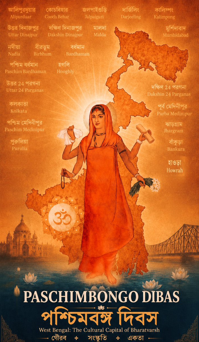 monidipadey's tweet photo. Greetings to all the Bengali Hindus in West Bengal on the West Bengal Day/ Paschimbongo Dibas 🙏🌺

শুভ পশ্চিমবঙ্গ দিবস 🪷🌺
 May West Bengal get back its glory of the past, and once again become the land of Hindutva. 

A thank you to @narendramodi ji @SuvenduWB da for making this a reality. I had never really thought I would see a saffron WB in my lifetime 🙏 
A saffron land getting back its colour finally .