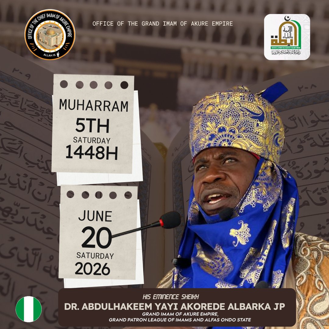 ImamAkure's tweet photo. Today's date is Saturday 5th Muharram 1448 / 20th June 2026.

#1448H #community #aita #campuslife #reality #Date #muslim #islam #islamic #islamicreminder #islamiccalendar2026 #calendar #EducationalSupport #career https://t.co/0agdHuM0IU