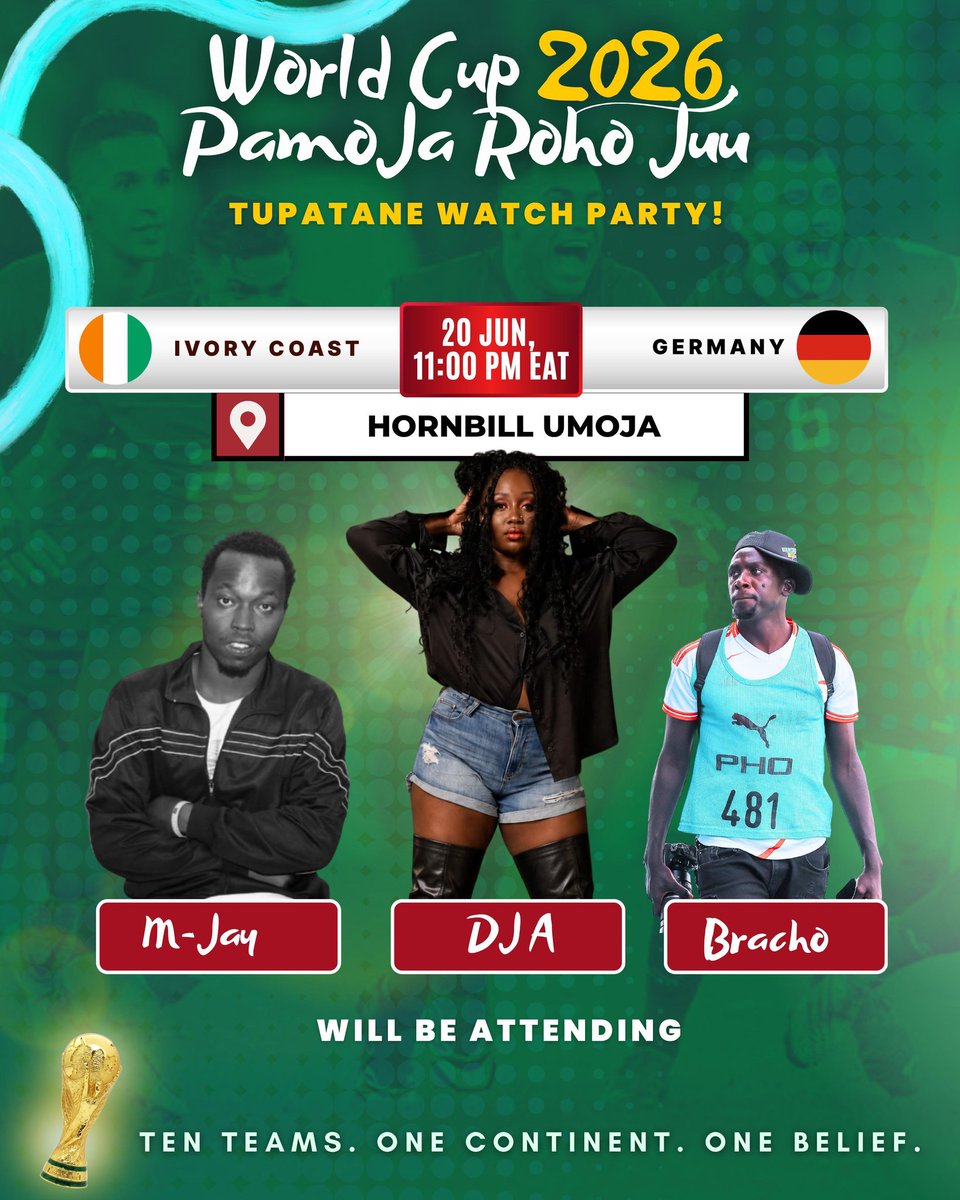 MMisfitee's tweet photo. Tutakua Hornbill Umoja tonight for the Ivory Coast 🇨🇮 vs Germany 🇩🇪 watch party, backing Team Africa all the way,, 
Pull up with your squad, wear your jersey, bring your predictions, and let's make some noise for Africa. See you there! 🙌🏾
#PamojaRohoJuu https://t.co/0vM3ivTcUn