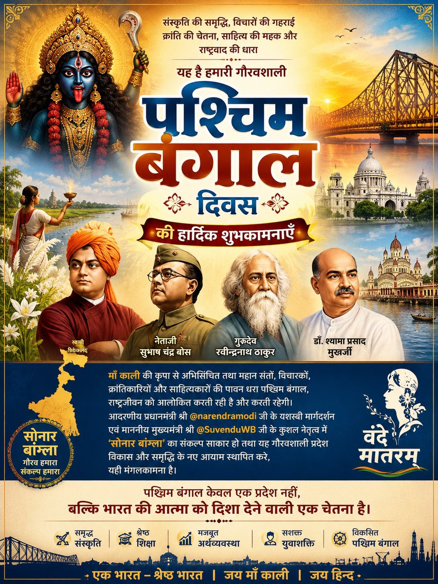 arvindvnsingh's tweet photo. पश्चिम बंगाल दिवस की हार्दिक शुभकामनाएँ।

माँ काली की आराधना, गंगा-सागर की आस्था, वंदे मातरम् की चेतना और राष्ट्रवाद की अमर ज्योति से आलोकित पश्चिम बंगाल भारत की सांस्कृतिक, बौद्धिक और आध्यात्मिक विरासत का गौरवशाली केंद्र रहा है।

यह वही पुण्यभूमि है जिसने राष्ट्र को स्वामी विवेकानंद का आत्मविश्वास, नेताजी सुभाष चंद्र बोस का अदम्य साहस, गुरुदेव रवीन्द्रनाथ ठाकुर की विश्वदृष्टि और डॉ. श्यामा प्रसाद मुखर्जी का अखंड राष्ट्रवाद प्रदान किया।

आज आवश्यकता है कि बंगाल अपनी महान परंपराओं, शिक्षा, उद्योग, संस्कृति और राष्ट्रप्रथम की भावना को पुनः नई ऊँचाइयों तक पहुँचाए। माँ काली की कृपा से बंगाल भय, हिंसा और तुष्टिकरण से मुक्त होकर शांति, सुरक्षा, विकास और समृद्धि के पथ पर अग्रसर हो तथा “सोनार बांग्ला” का स्वप्न साकार करे।

पश्चिम बंगाल केवल एक प्रदेश नहीं, बल्कि भारत की आत्मा को दिशा देने वाली एक चेतना है।

#WestBengalDay #SonarBangla #JaiMaaKali #VandeMataram #EkBharatShreshthaBharat
