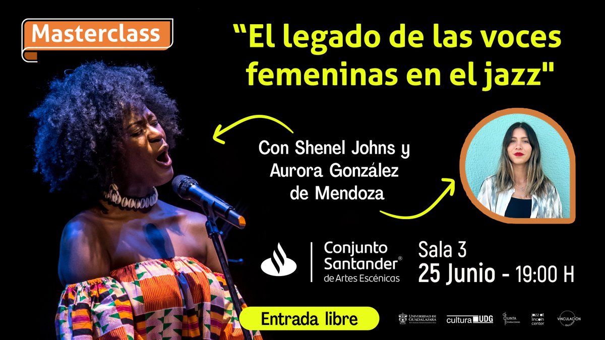 ConjSantander's tweet photo. Este próximo 25 de junio Shenel Johns compartirá su experiencia con nosotros sobre el "Legado de las voces femeninas en el jazz" ✨✨🎙️

Ven y disfruta de esta charla con Aurora González.

ENTRADA LIBRE https://t.co/QdtdlaUbiA