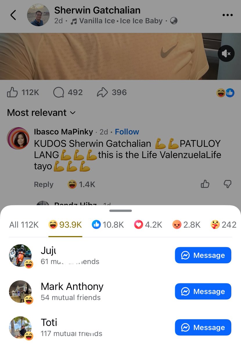 yogawithben's tweet photo. Before May 11 (senate coup that ousted Tito Sen) di lumalagpas ng 3 digits ang reacts sa personal FB profile ni Sherwin.

Ngayon, 10-100K, tapos majority ay haha reacts. Alam nating may troll networks sa FB ang mga DDS. Malakas pa rin ang psychological effect ng nga reactions sa mga gumagamit ng Facebook. Instead of joining them, let's beat them at their own game. 

Magpropose nga ako kina mowm at dawd ng legal framework to regulate this kind of coordinated inauthentic behavior on social media platforms.