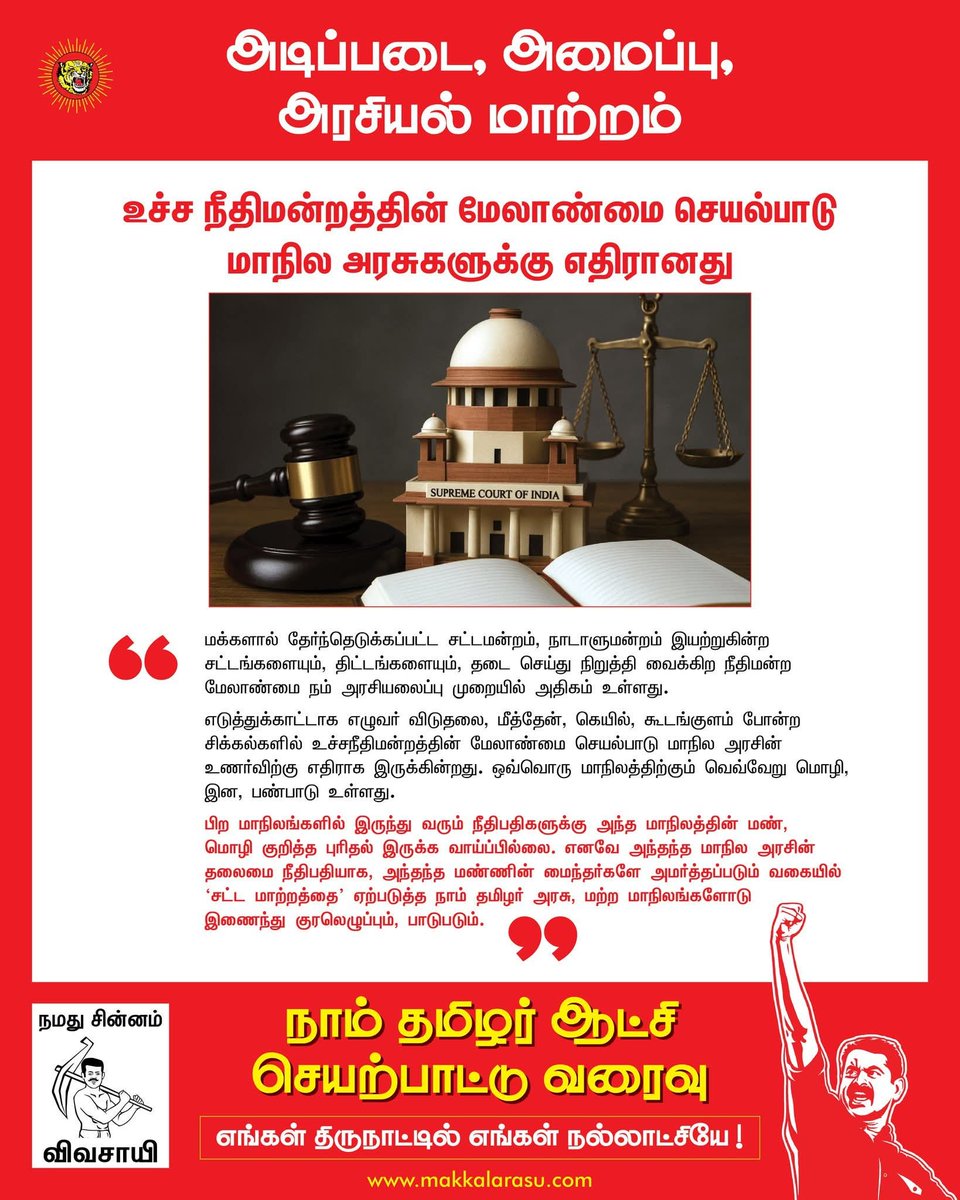 ASelestinTN's tweet photo. நாம் தமிழர் ஆட்சியில் தமிழ்நாடு எப்படி இருக்கும்? 🤔💭
⚡அடிப்படை, அமைப்பு, அரசியல் மாற்றம்! 🔄
⚖️ உச்ச நீதிமன்றத்தின் மேலாண்மை செயல்பாடு மாநில அரசுகளுக்கு எதிரானது 🚫
🔍 விரிவாக படிக்க:
🌐 https://t.co/Ssg1P8HDAo 📲
#NTK_VisionForTN | #Seeman | #NTK2031 | #StandForChange https://t.co/Krd5Moi907