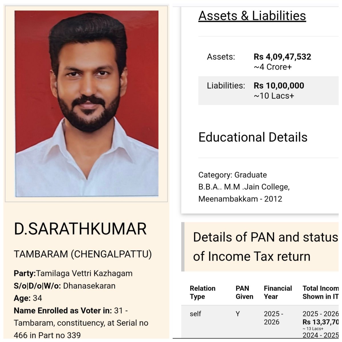 Akshaymay01's tweet photo. @DrHolyhemp அவரு Affidavit லயே 4 கோடி கணக்கு காட்டிருக்காரு.

10 ஆயிரம் வச்சிருக்கவங்க Defenderல வரும் வாய் பொத்தி வேடிக்கை பார்க்கும் இந்த சமூகம்.
ஒரு நடுத்தர இளைஞர் ஆப்பிள் வாட்ச் கட்டினால் பொங்க எழுது. https://t.co/vgrz65LtLP