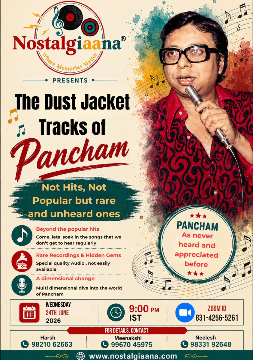 Nostalgiaana's tweet photo. WEDNESDAY 24TH JUNE

Not the obvious, not the overplayed,
but the melodies that quietly stayed.
Join us as we explore the lesser-heard gems of R. D. Burman - songs that deserve to be celebrated all over again.

IT'S A FREE FOR ALL SHOW https://t.co/tjUUHkSCAn
