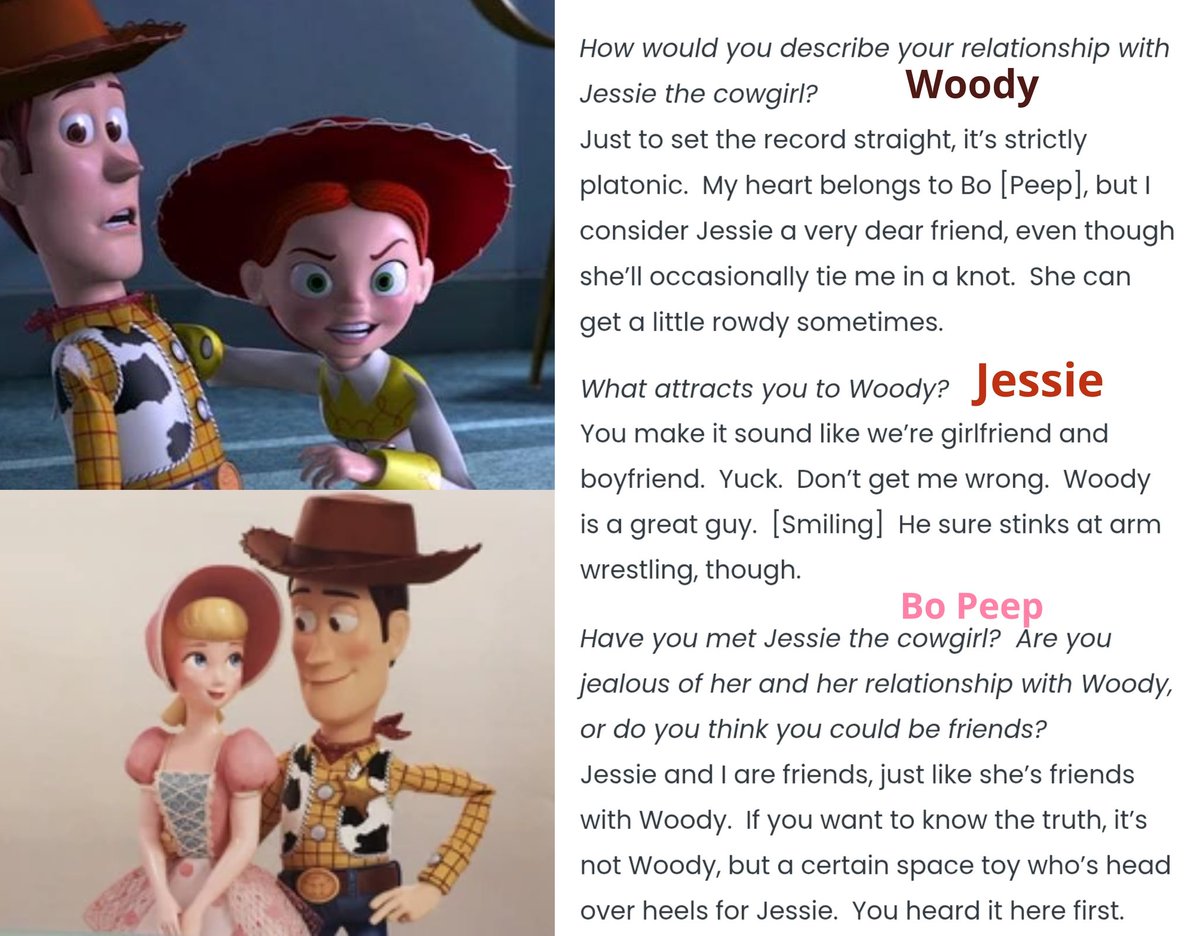 guessingdame's tweet photo. No. Woody loves Bo Peep, that's his girlfriend before Jessie ever was a thought much less on paper. Woody has a sibling relationship with Jessie (even sharing a last name). Jessie always liked Buzz Lightyear since the end of TS2. 😂 https://t.co/8GKQSSsRAv