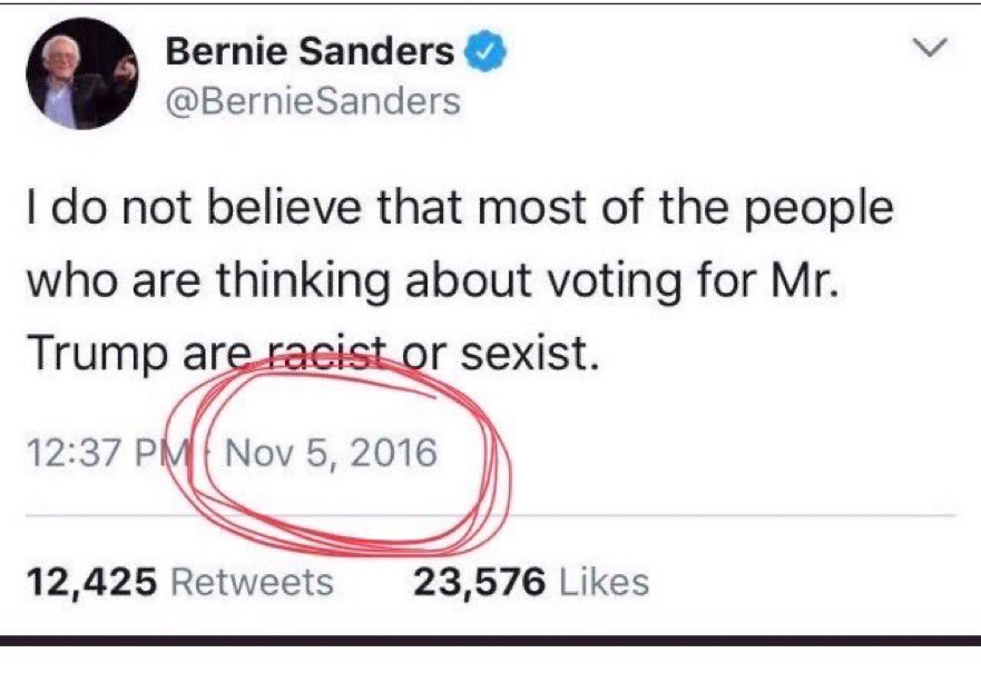 SireRottweiler's tweet photo. Bernie was still carrying water for Trump 3 days before the election between Trump and Hillary. Fuck off with your bullshit, Chris https://t.co/ArtyIDGidO