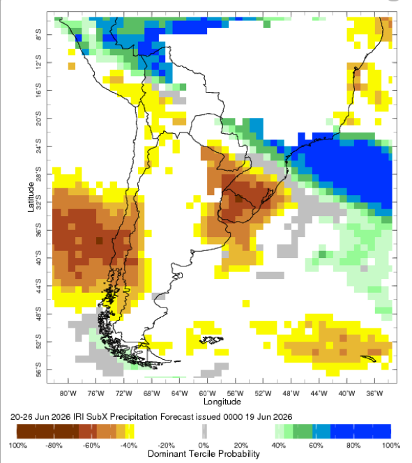 portalmeteo's tweet photo. #CuencadelPlata #Argentina, #Bolivia, #Brasil (Sur), #Chile, #Paraguay, sur de #Perú, #Uruguay #precipitaciones #chuvas #ama #lluvias; #temperaturas del aire cerca de la superficie. Mapas pronosticados de la probabilidad del tercil dominante (no incluye areas oceánicas). Predicciones para 2 períodos consecutivos: del 20 al 26 de #Junio2026; y del 27 de #Junio al 03 de #Julio2026. Pronósticos de #precipitación y #temperatura en tiempo real de las categorías de terciles subestacionales calibradas del Experimento Subestacional #SubX.  Los pronósticos probabilísticos se obtienen de la calibración estadística de tres modelos (NCEP CFSv2, NCEP GEFS y NOAA/ESRL FIM HYCOM). Estos modelos se combinan con la misma ponderación para formar pronósticos de probabilidades de precipitación y temperatura por terciles de conjunto multimodelo. Los pronósticos de cada modelo se calibran por separado para cada punto, inicio y avance mediante Regresiones Logísticas Extendidas (ELR; Vigaud et al., 2017) con base en el rendimiento histórico de cada modelo. De esta manera, se proporciona información climática intraestacional fiable sobre una amplia gama de riesgos climáticos que preocupan a los responsables de la toma de decisiones, para los cuales los pronósticos subestacionales son especialmente adecuados. @NOAA @climatesociety
@Columbia @columbiaclimate Referencias: Pegion, K. et al. 2019: The Subseasonal Experiment (SubX): A multi-model subseasonal prediction experiment. Bull. Amer. Meteor. Soc., 100, 2043–2060. Vigaud, N., M.K. Tippett, J. Yuan, A.W. Robertson, and N. Acharya, 2019: Probabilistic Skill of Subseasonal Surface Temperature Forecasts over North America. Wea. Forecasting, 34, 1789–1806. Para mejor visualización utilice ampliar pantalla o pantalla completa.