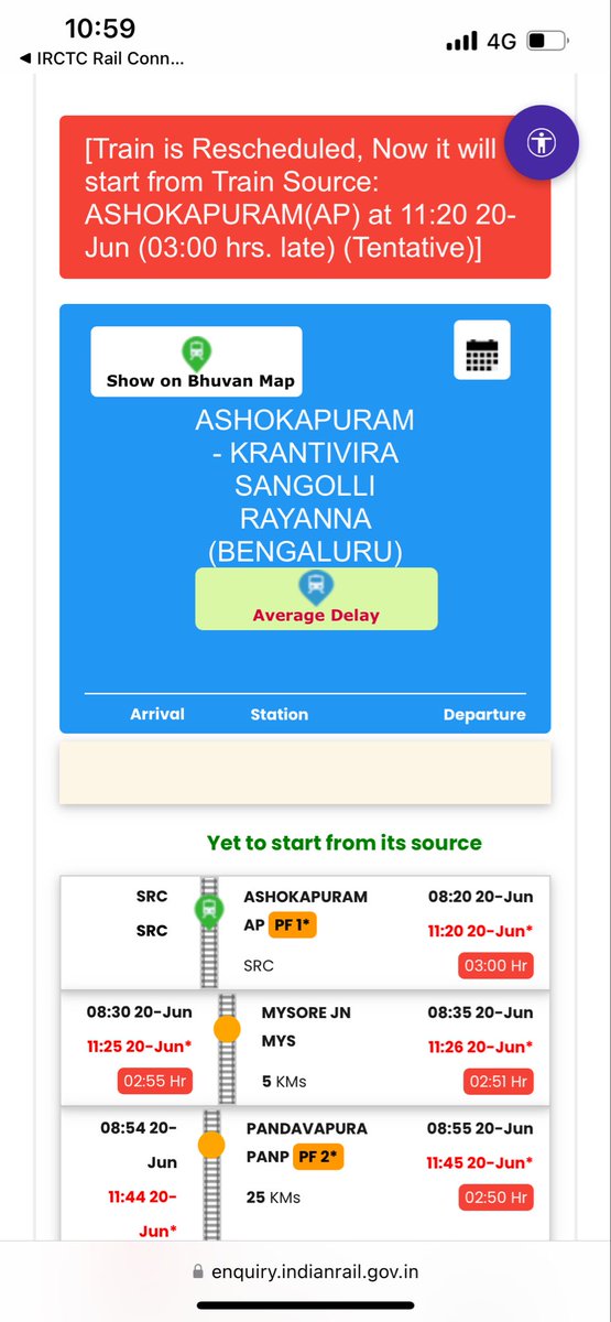 lohithwodeyar's tweet photo. You say schedule departure is 8.35am , but train is not yet departed and as per below data it is  3hrs delayed  .. how do you compensate the time and other dependencies https://t.co/5u8Mk4OjyG