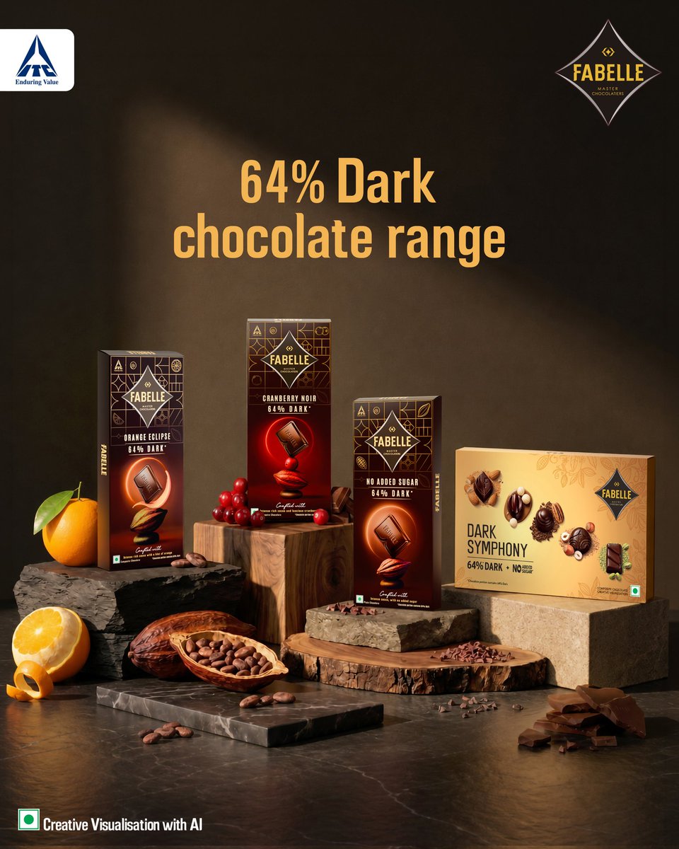 ITCCorpCom's tweet photo. As Indian consumers increasingly seek deeper cocoa flavours, cleaner ingredients, and more mindful indulgence, Fabelle - ITC’s luxury chocolate brand, unveils its new 64% Dark Chocolate range.

While 64% Ghana Cocoa remains at the core of these creations, Fabelle explores how thoughtfully paired inclusions can enhance the dark chocolate experience of the consumers. The new dark chocolate range comes in four distinctive variants: Orange Eclipse, Cranberry Noir, No Added Sugar and Dark Symphony pralines.

Fabelle Dark Range is a reflection of the brand’s commitment to craftsmanship, quality, and the belief that fine chocolate can embody both indulgence and mindfulness.

Now available across Fabelle boutiques in select cities.

#DelightingTheConsumer #TheITCWay #Fabelle #NewLaunch