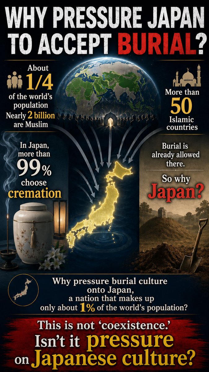rutasosabu's tweet photo. 🕌Around one quarter of the world’s population — roughly two billion people — are Muslim.

There are more than 50 Muslim-majority countries, where burial is already widely accepted.

So why are they trying to impose burial practices on Japan?

🇯🇵Japan, where more than 99% of people are cremated, represents only about 1% of the world’s population.

This is not “diversity.”

It looks like an attempt to pressure a small cultural minority — Japan — into abandoning its own traditions.