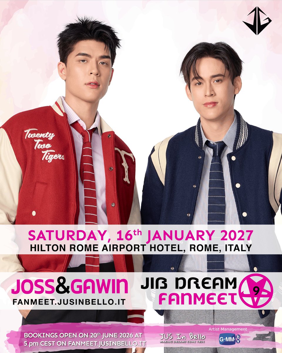 JossGawinFC's tweet photo. 🇮🇹 Joss & Gawin at JIB DREAM FANMEET 9 ⭐️

📅 SATURDAY, 16 JANUARY 2027
📍 HILTON ROME AIRPORT HOTEL, ROME, ITALY

🎫 TICKETS GO ON SALE TODAY
on 20 JUNE 2026 at 17:00 (CEST) 🇮🇹
20 มิถุนายน 2569 22.00 น. (GMT+7) 🇹🇭
via @JusInBelloCon 
IT https://t.co/DovWpgOF88
EN https://t.co/Fq7x8d8t1d

#JIBDreamFanmeet9  #JossGawin1stFMinRome  #JossGawin