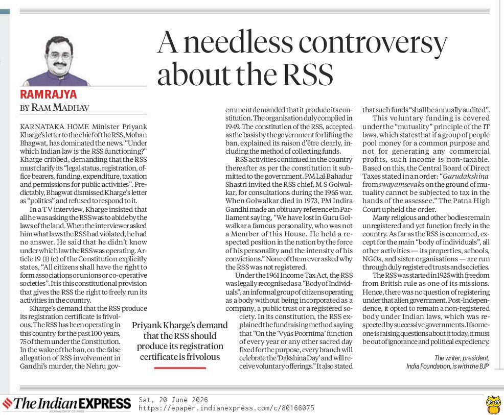 rajeshpadmar's tweet photo. A needless controversy about the RSS. Column by Dr Ram Madhav @rammadhav_ in The Indian Express. https://t.co/XNt6mnKKKA https://t.co/g7STb8XTkA