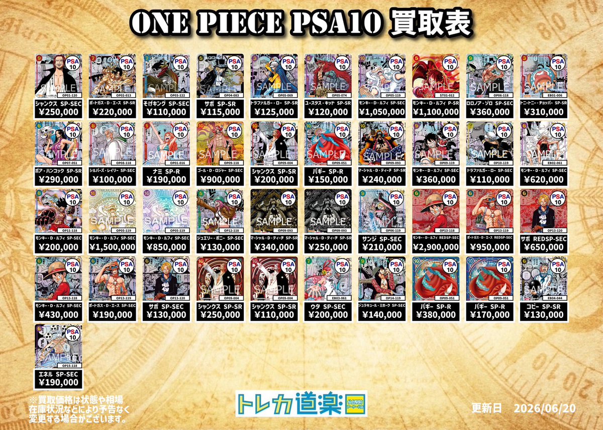 ⭐️トレカ道楽仙台駅前アーケード店⭐️ ／ 🏴‍☠️ワンピース買取表