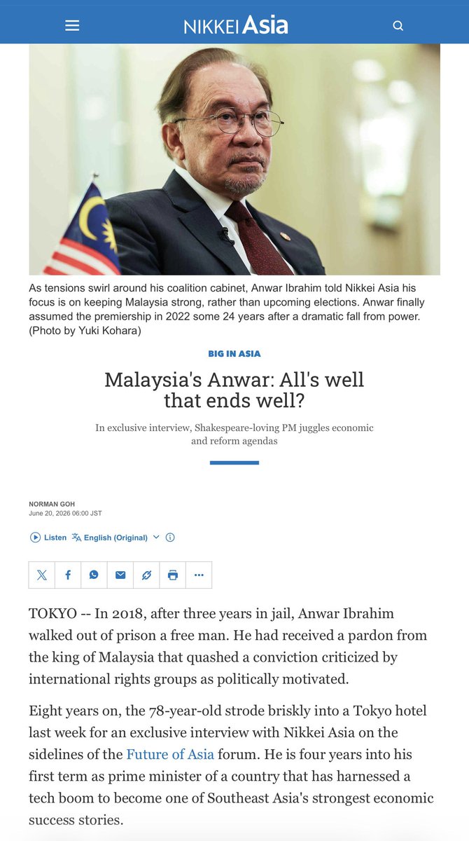 imnormgoh's tweet photo. Big in Asia on @NikkeiAsia | Twenty-four years after his dramatic fall from power, Anwar Ibrahim @anwaribrahim is now four years into his premiership and focused on a different challenge: keeping Malaysia politically stable while positioning it for the AI era.

In an exclusive interview with Nikkei Asia, the 78-year-old reflects on reform, economic transformation, geopolitics, and how he hopes history will remember him.

Read more: https://t.co/85gwSAk7T2