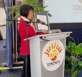 stephen_taylor's tweet photo. Political staffer award of the day to whoever put Olivia Chow behind a "Jerk Fest" podium. https://t.co/XftAnyUEFt