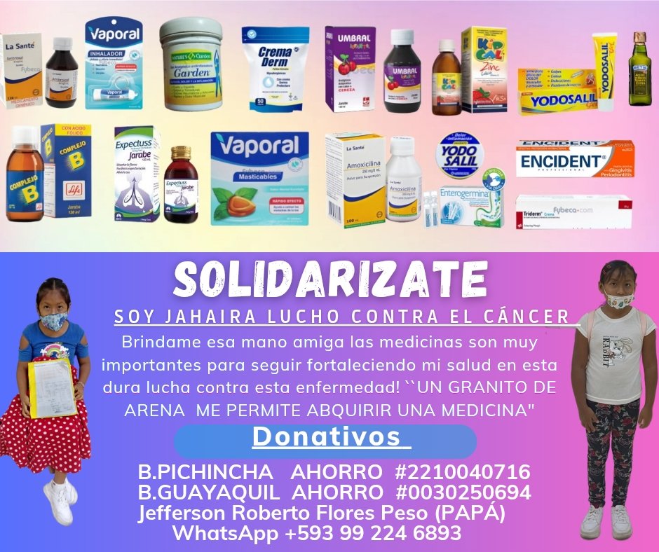 flores_rob19353's tweet photo. @Misch_Calderon 🗣️URGENTE🎗️

Hola a todos, necesito su ayuda, nuestra hija esta en la lucha continua contra el cancer.

👉Necesitamos estas medicinas comparte la información eso ayuda mucho CADA GRANITO DE ARENA SUMA DIOS TE BENDIGA..!!!

Ayúdanos a seguir en esta lucha #Gracias. https://t.co/Zzbp25jRrn