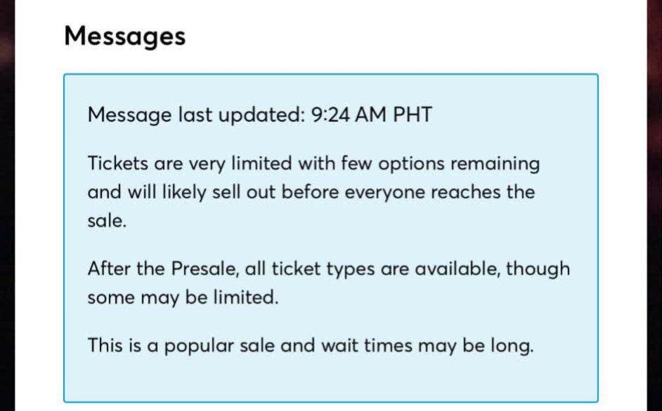ikeujakeyou's tweet photo. Update as of 9:24AM
Wala talaga akong nakikitang may nakasecure na tapos tickets are very limited :)))

#BTS_WORLDTOUR_ARIRANG_BULACAN https://t.co/kmA2pl5aUI
