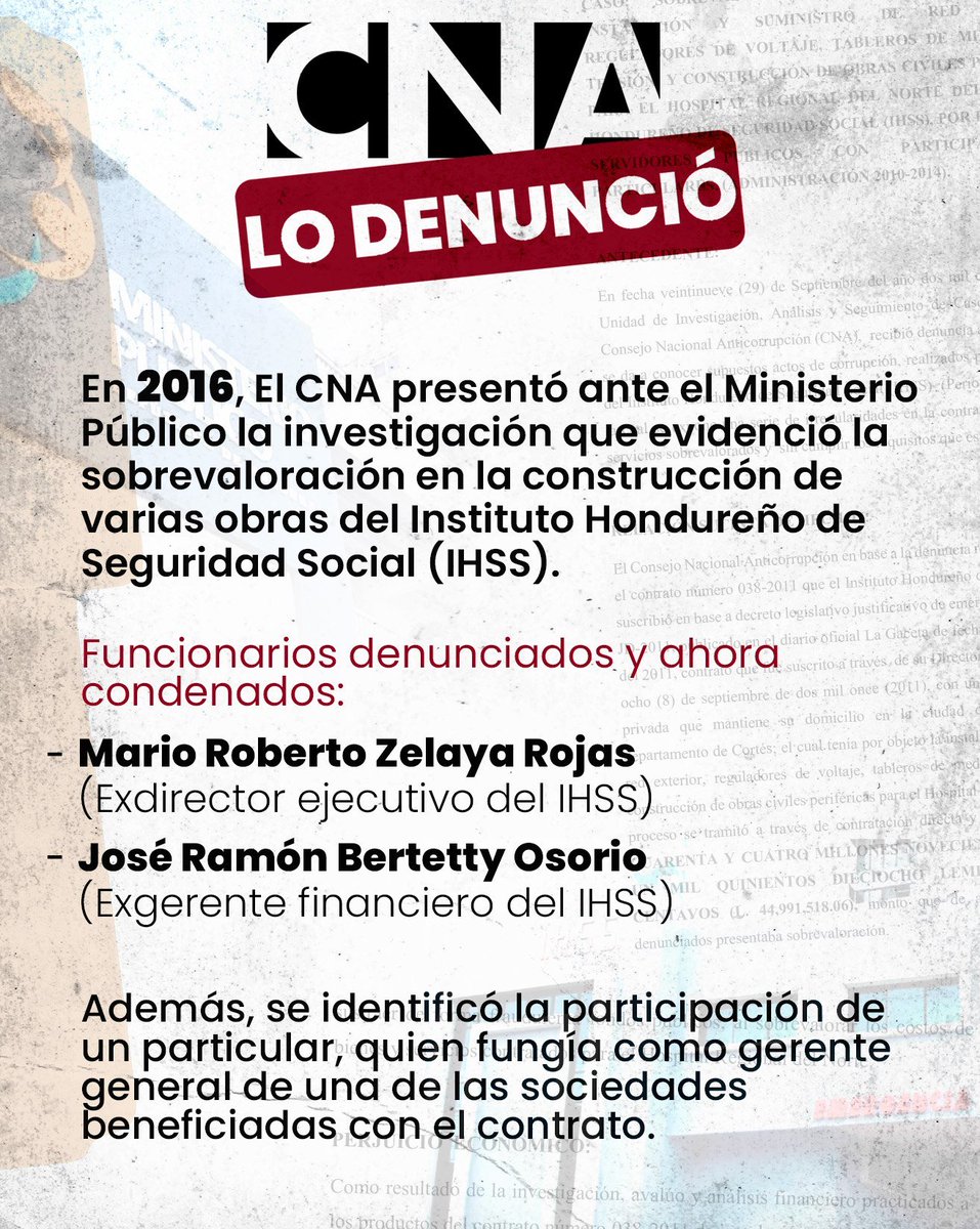 cnahonduras's tweet photo. La lucha contra la corrupción produce resultados. 

Hoy, un Juzgado en materia de Corrupción emitió sentencia condenatoria en un caso que se originó a partir de una denuncia presentada por el CNA el 21 de enero de 2016, tras identificar irregularidades y sobrevaloraciones en un contrato para obras en el Hospital Regional del Norte.

Tres de los denunciados por el CNA, entre ellos Mario Roberto Zelaya y José Ramón Bertetty, exfuncionarios del Instituto Hondureño de Seguridad Social (IHSS), fueron condenados por el delito de fraude continuado, con una pena de nueve años y cuatro meses de prisión.

Este resultado reafirma la importancia de investigar, denunciar y dar seguimiento a los actos de corrupción para que los hechos no queden en la impunidad.

#MemoriaCiudadana