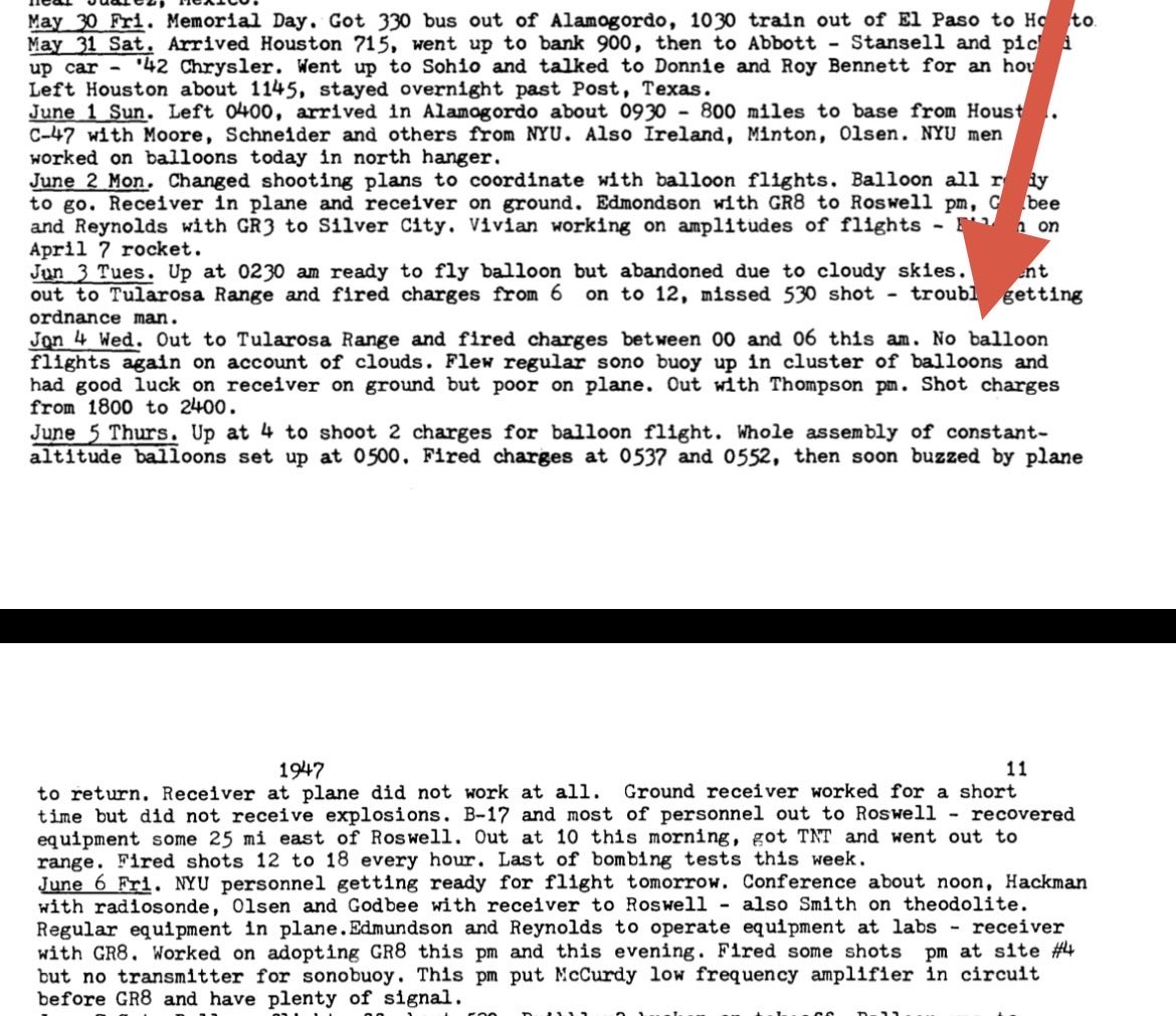 MvonRen's tweet photo. @michaelshermer @jamescfox Hi @michaelshermer: The government claims that the Roswell debris is from Mogul Flight #4.

There’s a glaring problem with that claim: 

Per Mogul field director Albert Crary, *there was no Flight #4.*

Nor is there any contemporaneous reference to Flight No. 4.

So, what was it? https://t.co/pB0qNJu4G9