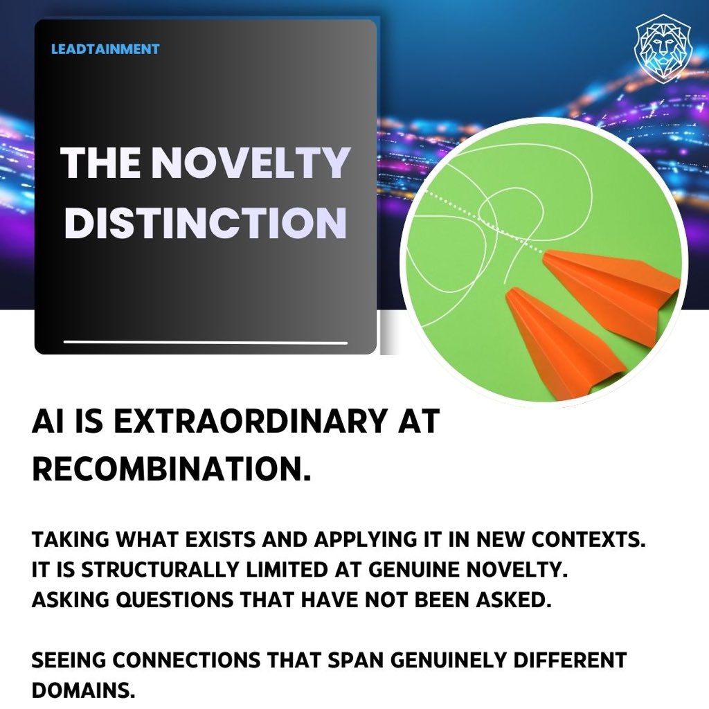 LeadTainment's tweet photo. The human creative capability worth building:

Not sophisticated recombination.
Genuine novelty.

#AIvsHuman #Creativity #FutureOfWork https://t.co/NtpY9yVmvm