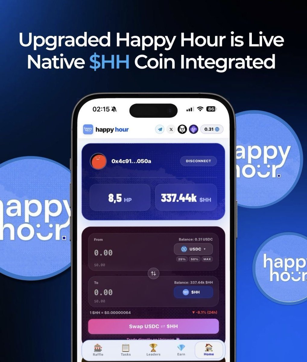 Shillawakning's tweet photo. $HH just got a pretty meaningful upgrade and the tokenomics actually make sense now.

🟦 Native currency inside the Happy Hour app
🟦 Every transaction contributes to burns
🟦 Staking + incentives for holders are already live https://t.co/9Z18vtlzFm